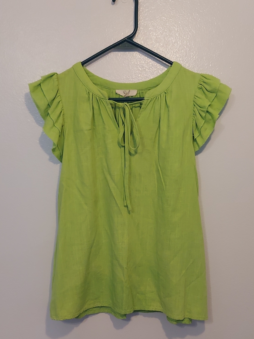 Easel LA Neon Green Ruffle Short Sleeve Tassel Tie Front Women's Top